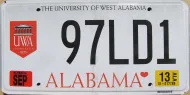 ALABAMA 2013 UNIVERSITY OF WEST ALABAMA LICENSE PLATE